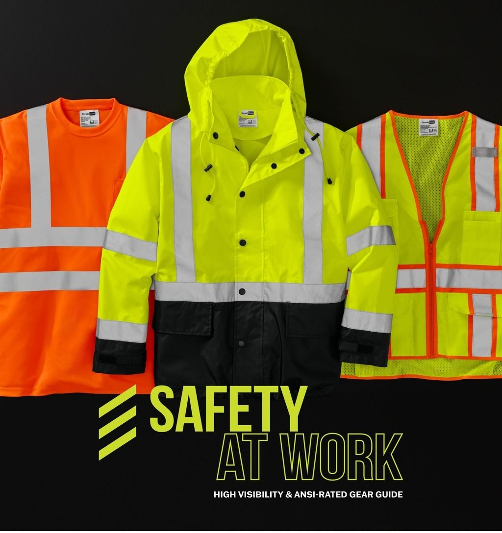 Three high-visibility safety garments—an orange shirt, a yellow and black rain jacket, and a yellow mesh vest.