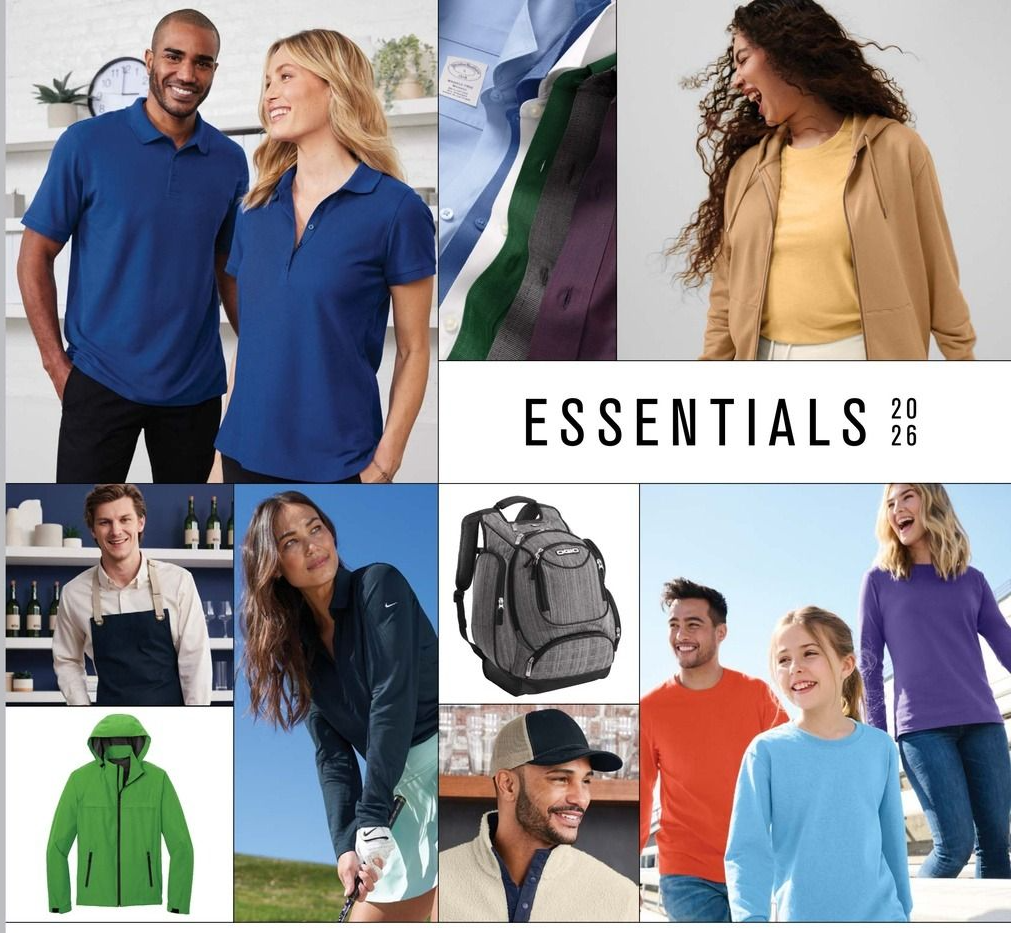 A collage of apparel and accessories including shirts, jackets, a backpack, and hats, labeled