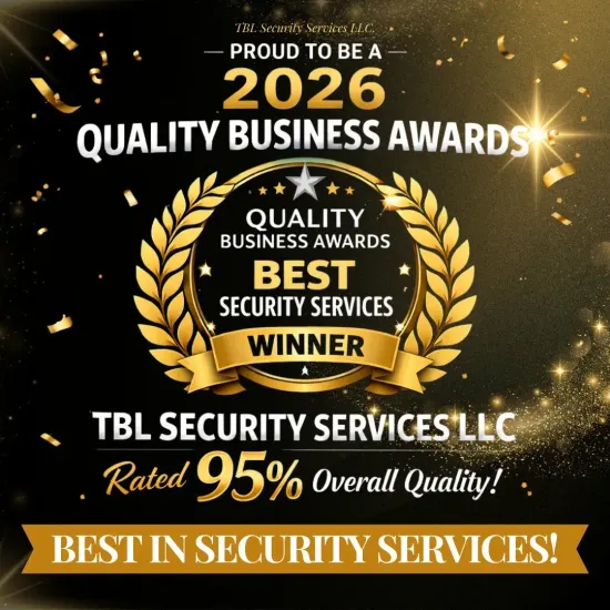 Gold and black 2026 Quality Business Award badge for TBL Security Services LLC, rated 95% for overall quality.