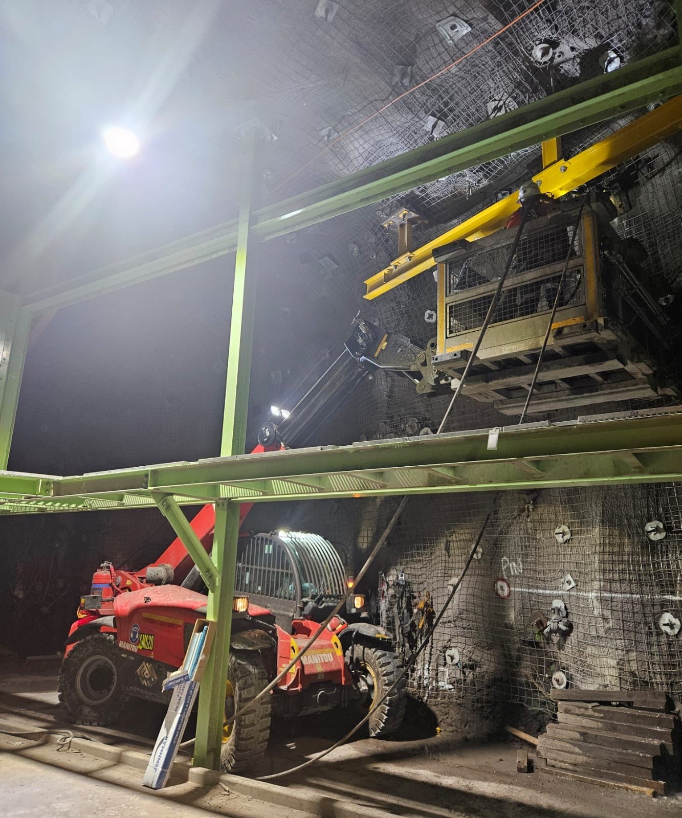 Underground Mine Scene With Two Red Loaders, Green Supports — Vent Doors Australia in Bohle, QLD