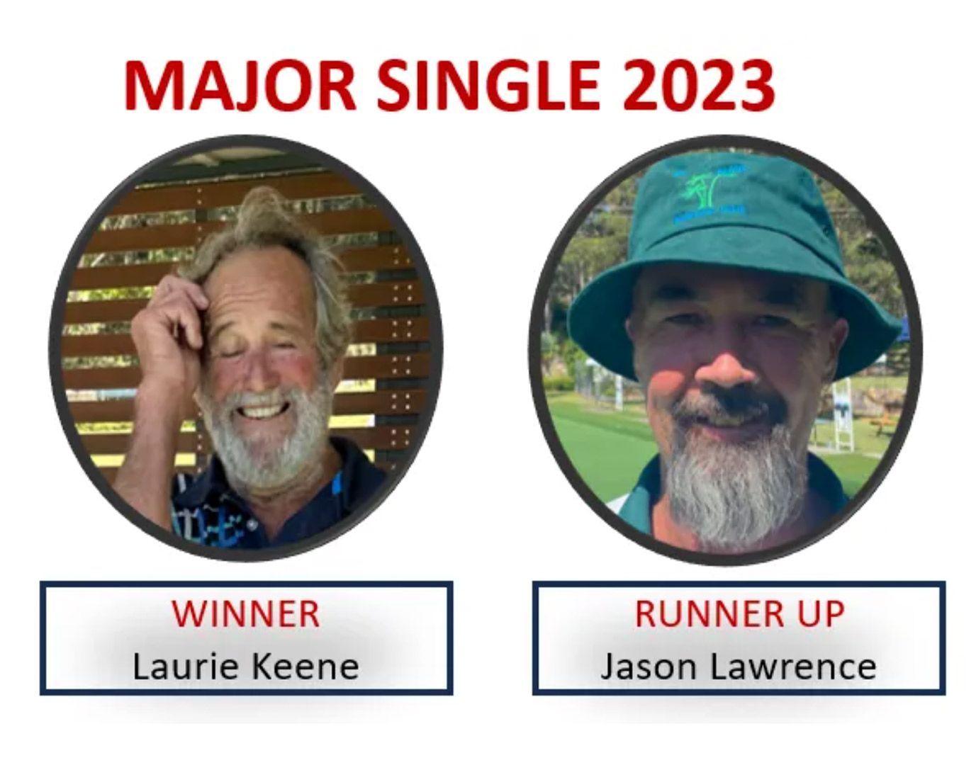 Two Men In Circles With The Words Major Single 2023 On Top — Pacific Palms Bowling Club In Smiths Lake, NSW