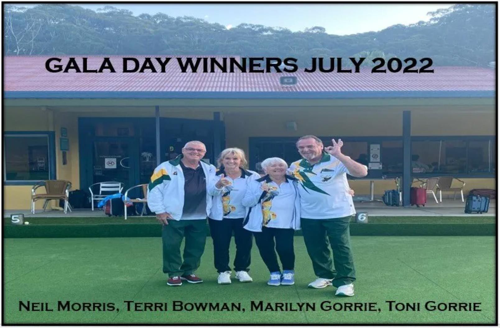 A Group Of People Standing In Front Of A Building That Says Gala Day Winners July 2022 — Pacific Palms Bowling Club In Smiths Lake, NSW