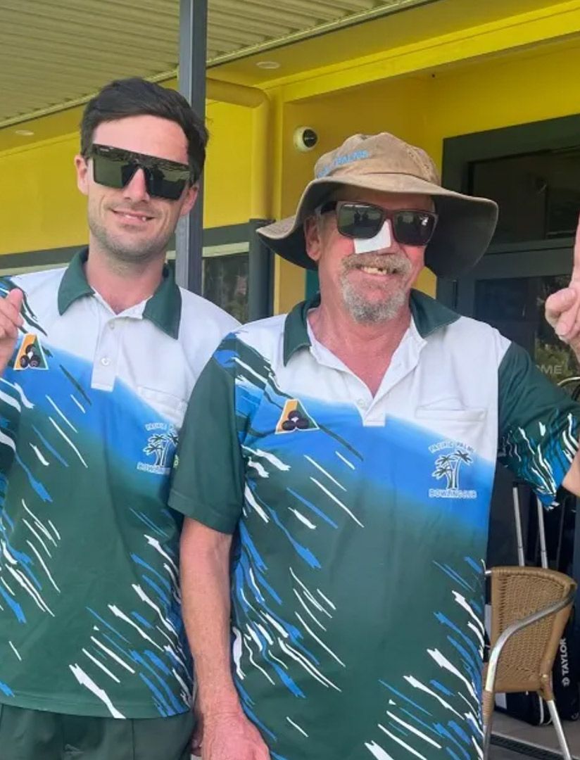 Two Men Wearing Sunglasses And Hats Are Posing For A Picture — Pacific Palms Bowling Club In Smiths Lake, NSW