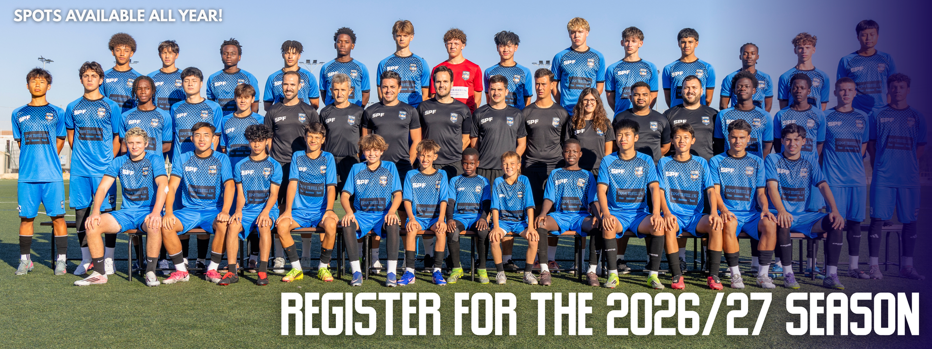Soccer players on a field with bold text: โRegister for the 2026/27 season.โ