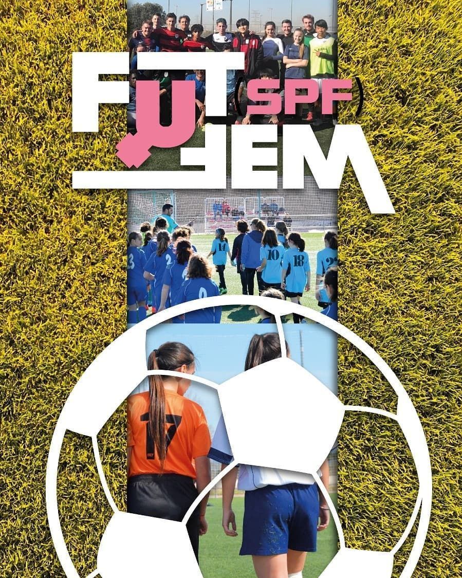 Soccer poster with “FULFEM SPF” text, team photos, and players on a field with a large ball foreground