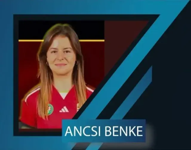 Portrait of Ancsi Benke in a red sports jersey on a blue graphic background