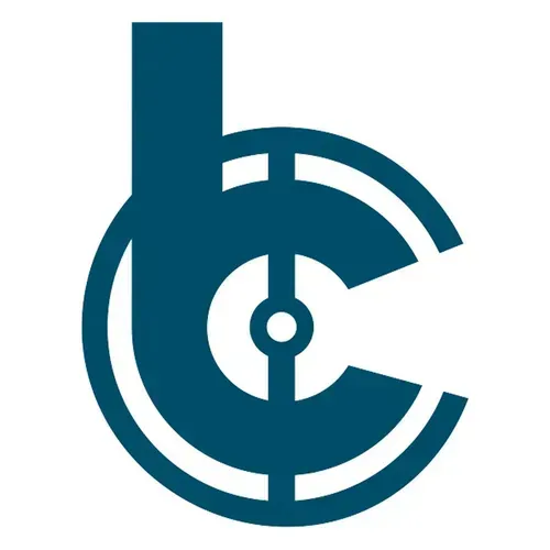 Teal stylized circular tech logo with a vertical bar and concentric rings on white background