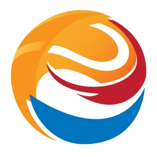 Abstract circular logo with orange, red, and blue swirling wave shapes