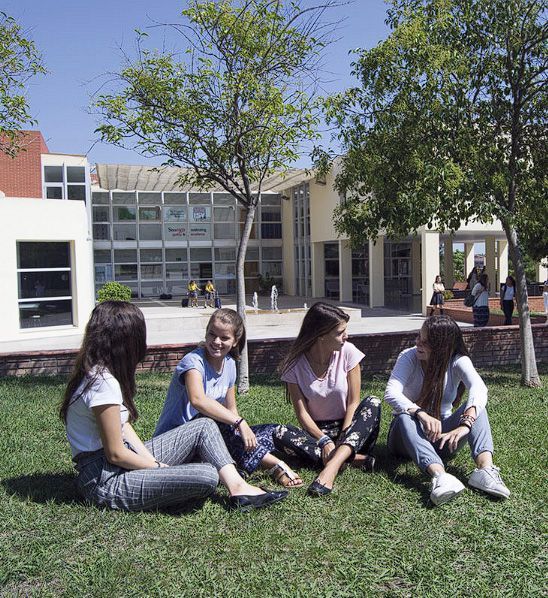 Students sitting on grass outside a school building, chatting in the sun.