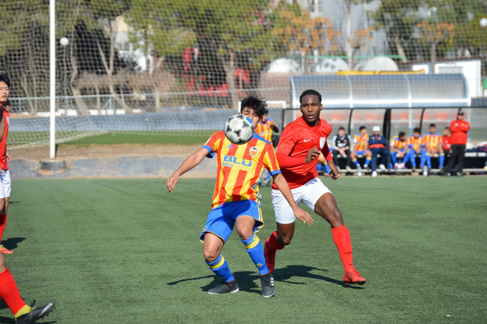 Soccer players contest the ball on a grassy field near the goal, with spectators in the background.