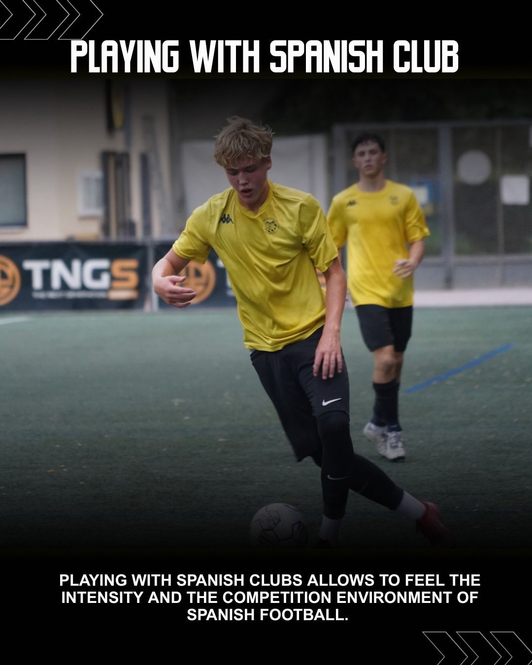 Two soccer players in yellow jerseys on an outdoor pitch under the heading โPlaying with Spanish clubโ