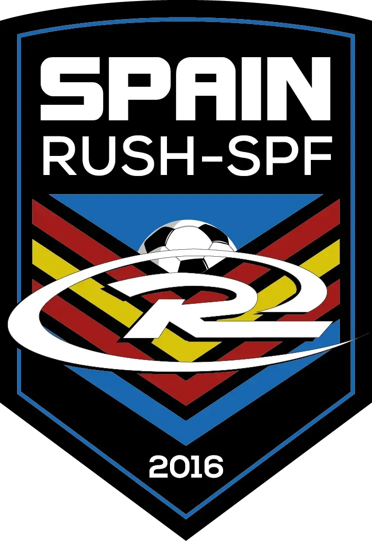Spain Rush-SPF soccer crest with black shield, red-yellow-blue stripes, ball, and 2016 text