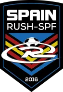 Spain Rush-SPF soccer crest with black shield, red-yellow-blue stripes, ball, and 2016 text