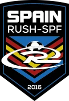 Spain Rush-SPF soccer crest with black shield, red-yellow-blue stripes, ball, and 2016 text