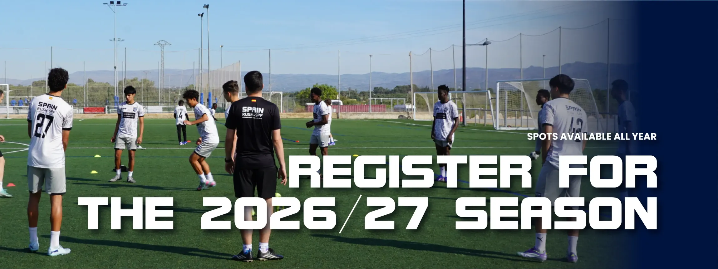 Soccer players on a field with bold text: โRegister for the 2026/27 season.โ