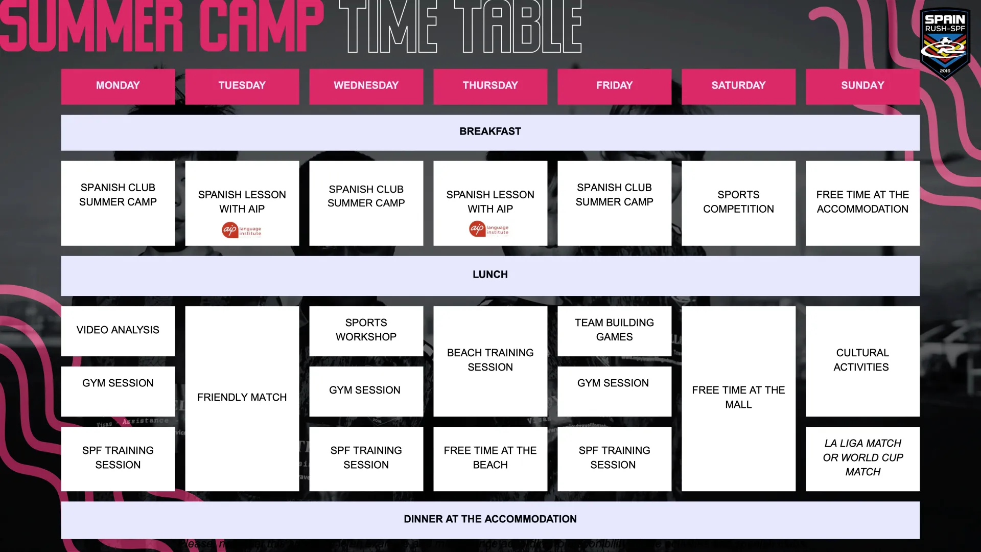 Summer Camp weekly schedule poster with pink header and a grid of activities.
