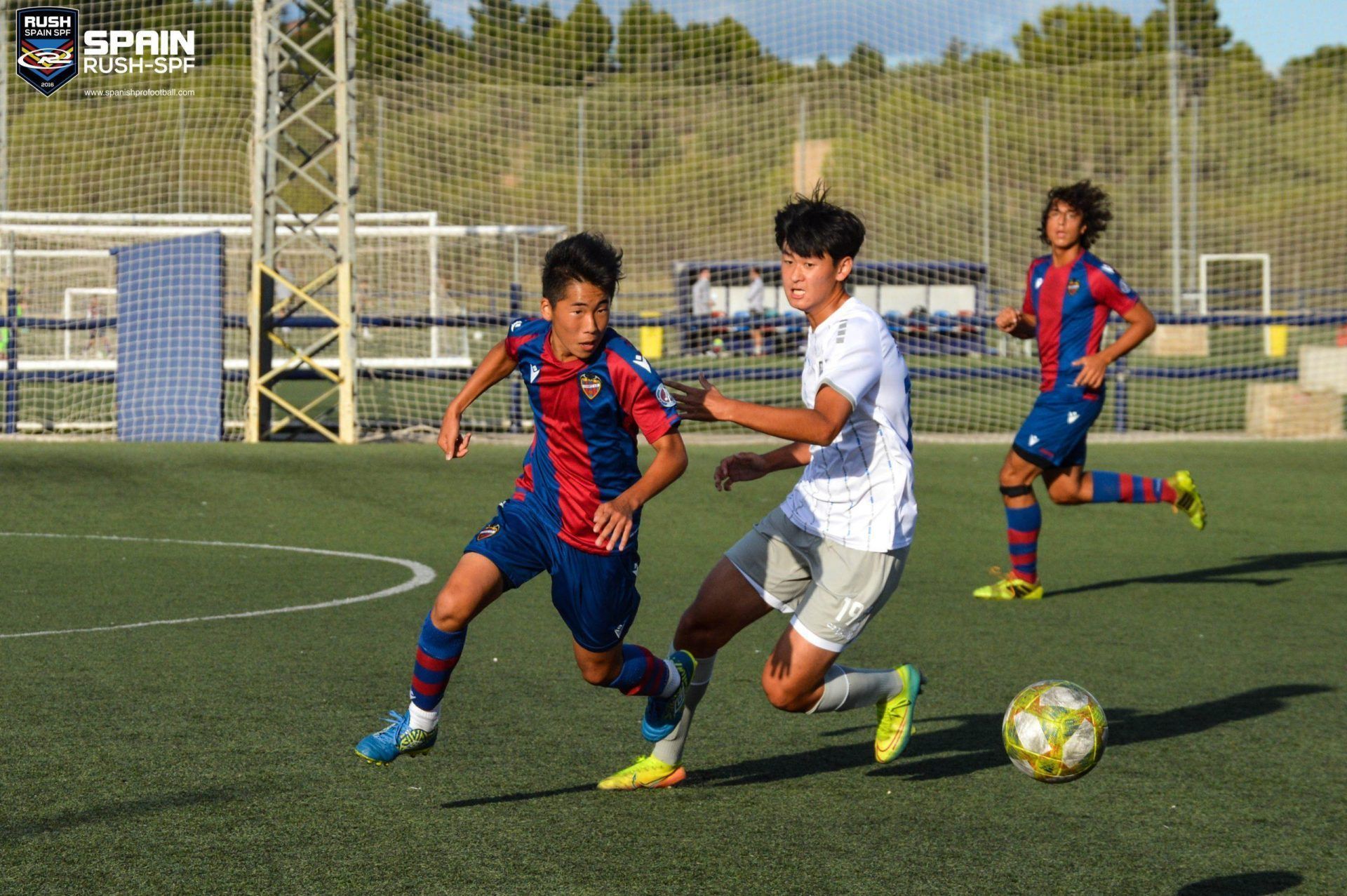 Soccer players in red and blue, white, and blue-red contest the ball on a sunny field