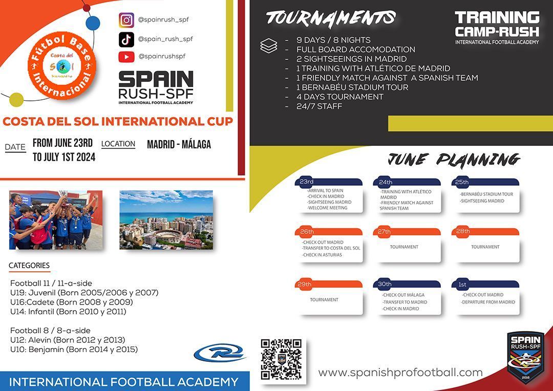 Spanish football camp and tournament poster with schedules, photos, and Costa del Sol International Cup branding