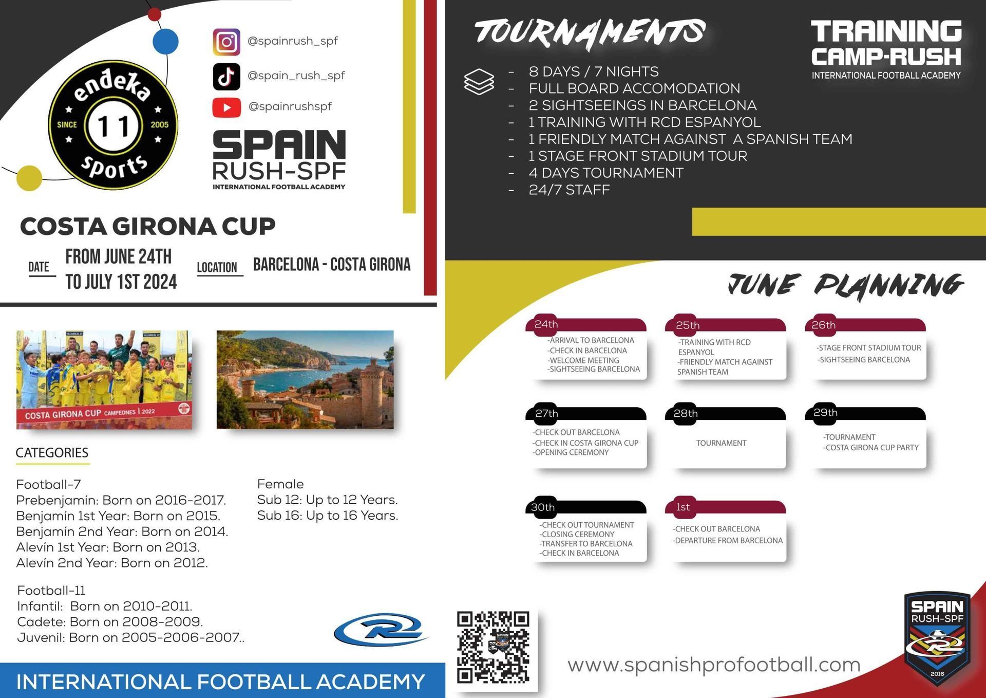Costa Girona Cup soccer academy flyer with tournament, training and fine-planning details in white, black and maroon