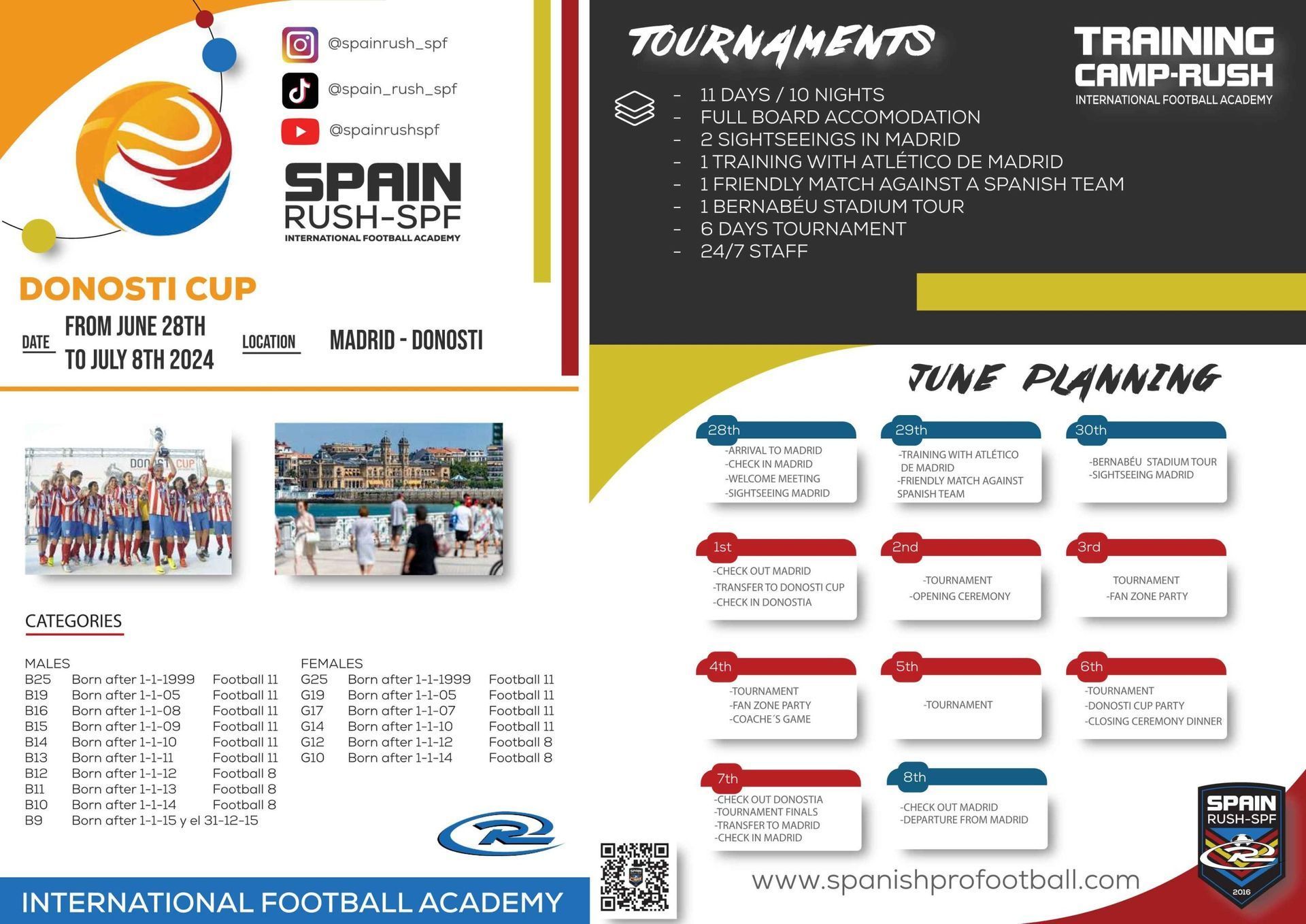 Donosti Cup Spain push-start flyer with tournament info, training camp, and colorful youth soccer graphics