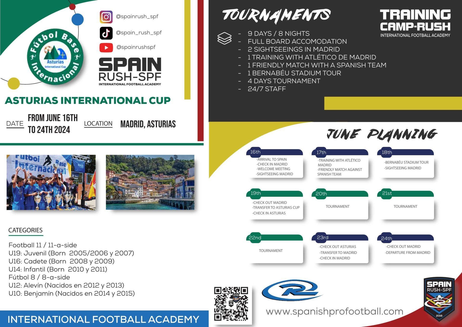 Poster for Asturias International Cup with tournament and training camp details, logos, and soccer photos