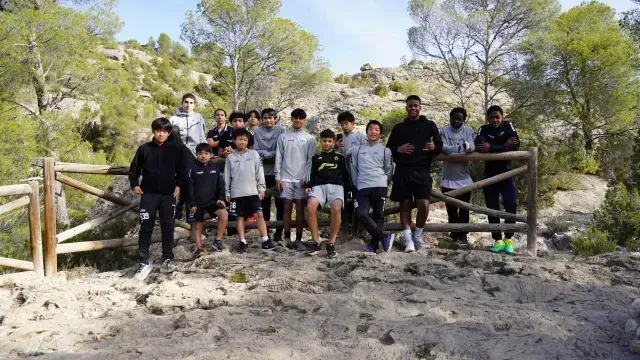 Group of people standing on a rocky trail by a wooden fence in a forested area