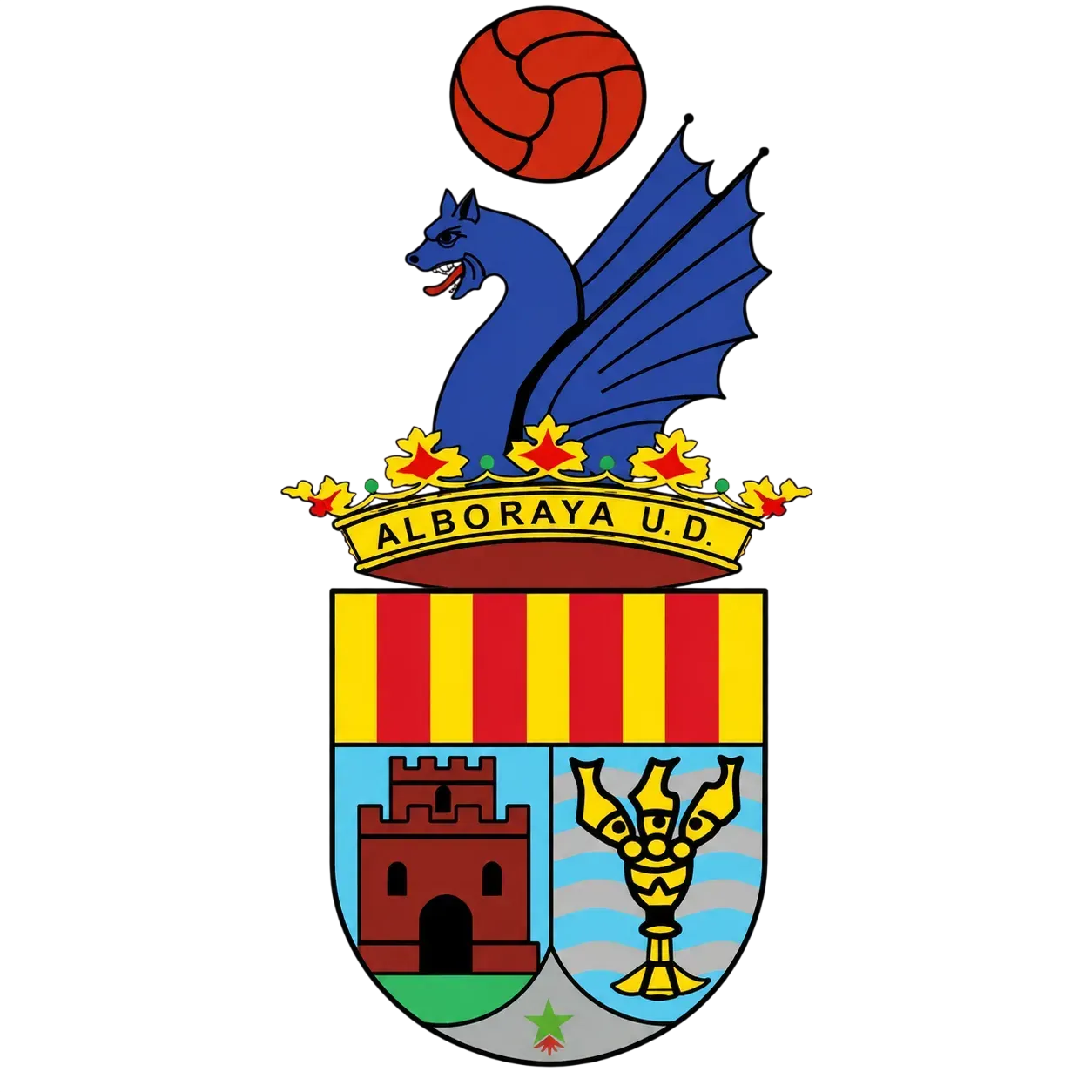 Alboraya UD crest with blue dragon, red ball, and shield in yellow, red, blue, and green