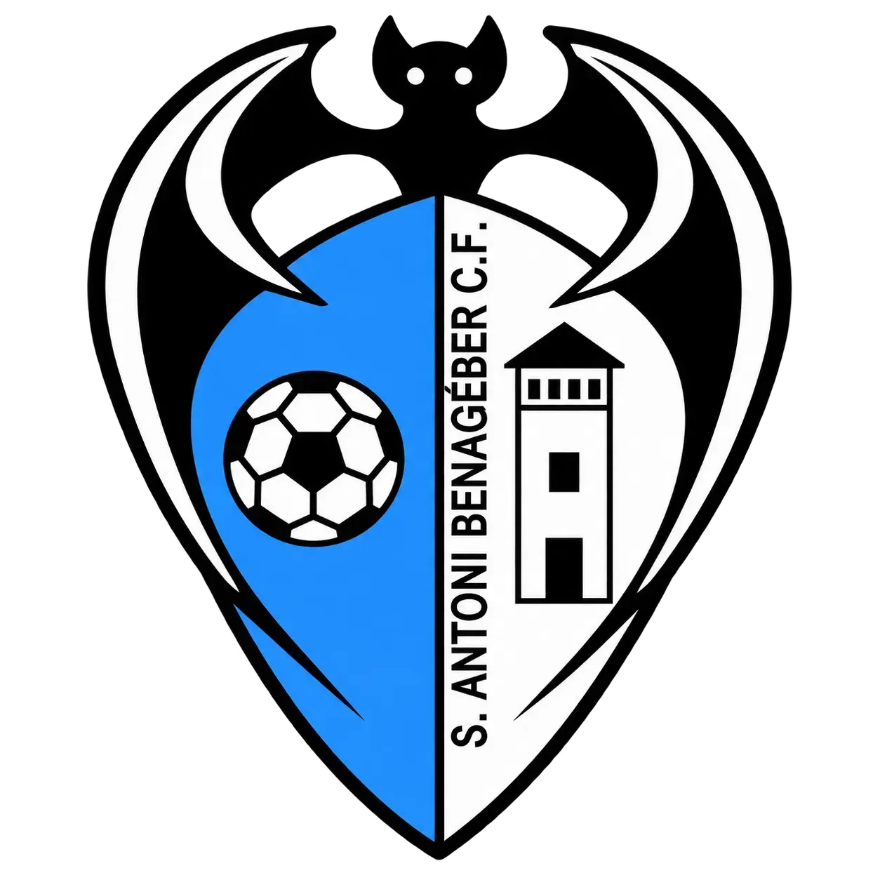 S. Antoni Benageber C.F. black-and-blue shield crest with soccer ball and tower icon