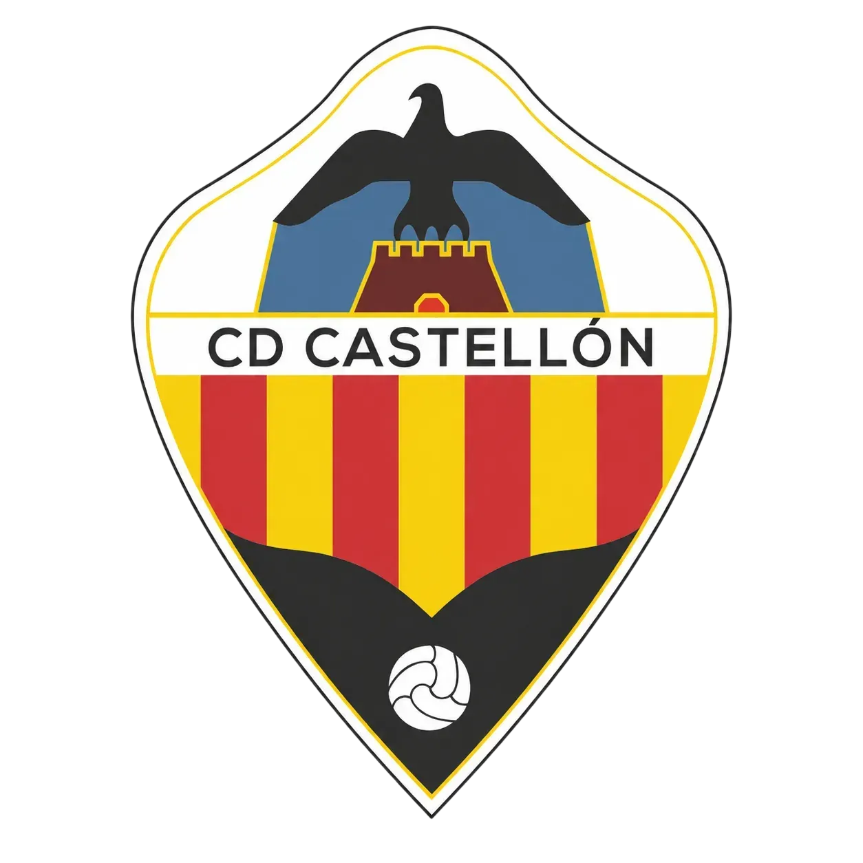 CD Castellón crest with black bird atop shield, red and yellow stripes, and a soccer ball at the bottom