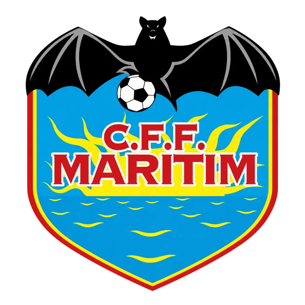 C.F. Maritim football crest with black bat, soccer ball, and blue shield with red-yellow trim