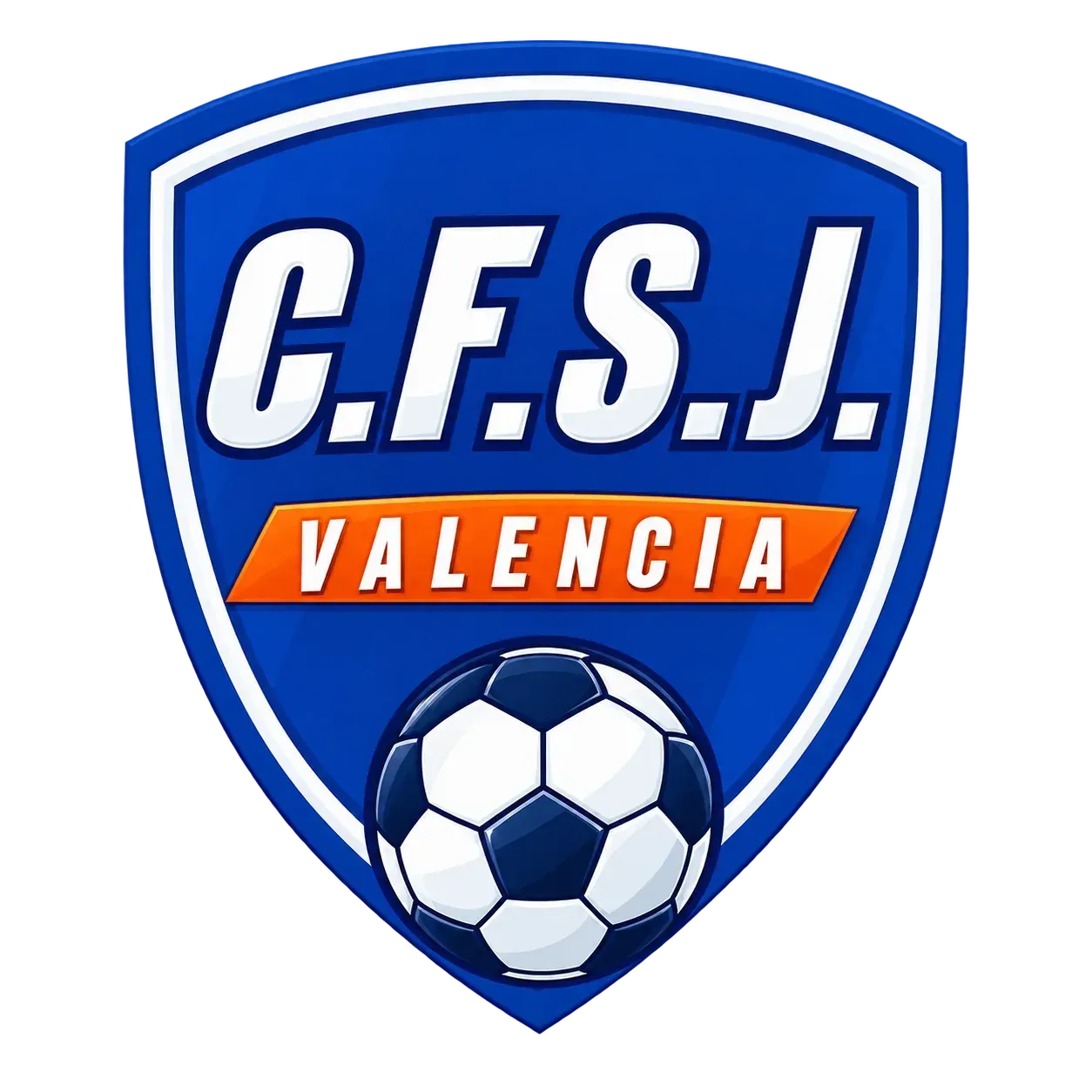 C.F.S.J. Valencia soccer club shield logo in blue, white, and orange with a soccer ball