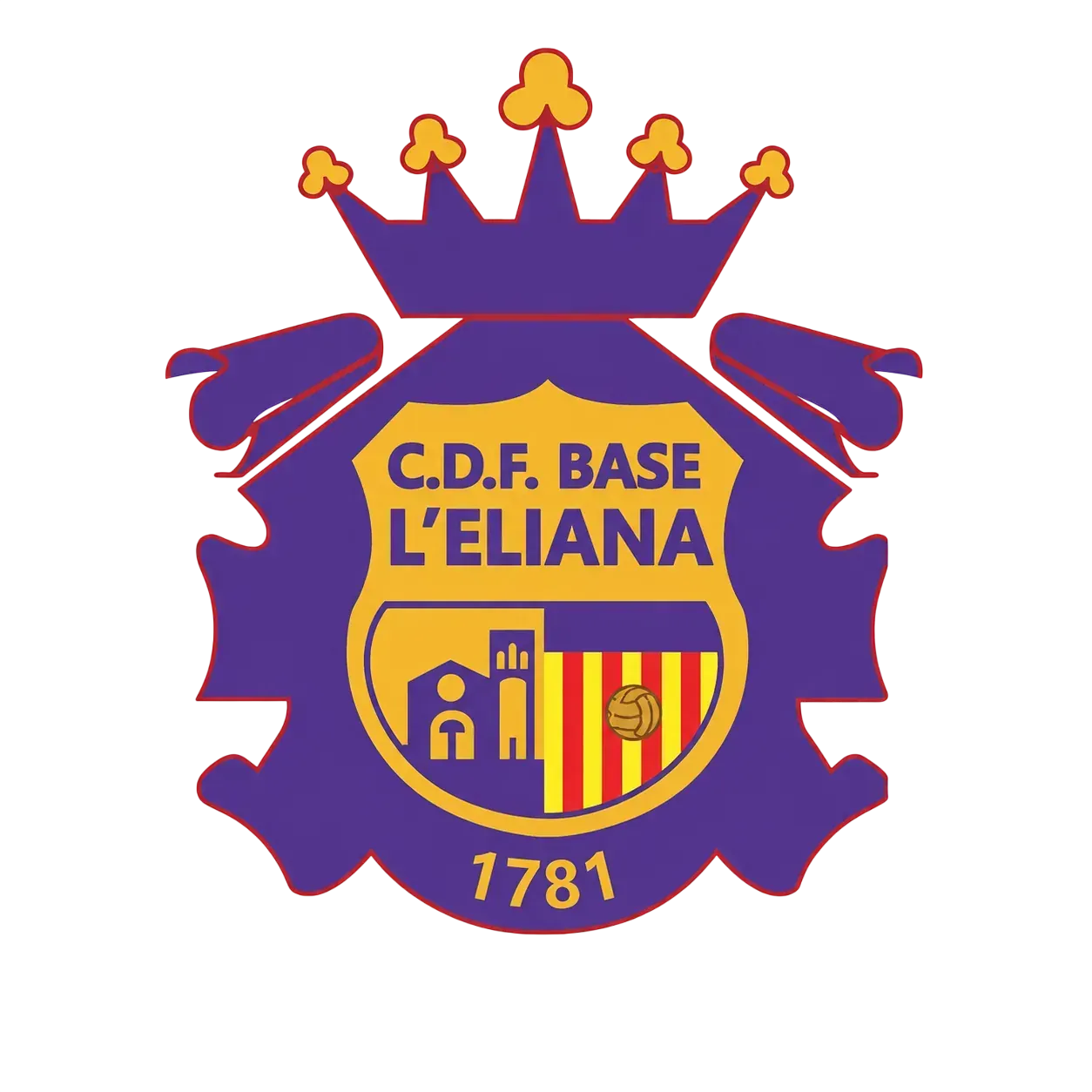 Purple and gold C.D.F. Base L'Eliana crest with crown and year 1781