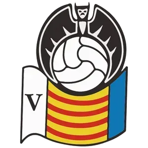 Stylized black-and-white emblem with a volleyball over red-and-yellow stripes and a blue side panel