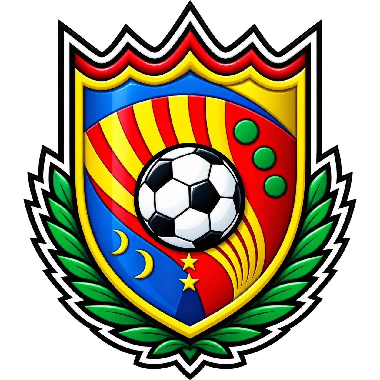 Colorful soccer crest with a central ball, red-yellow stripes, green leaves, and stars on a shield.