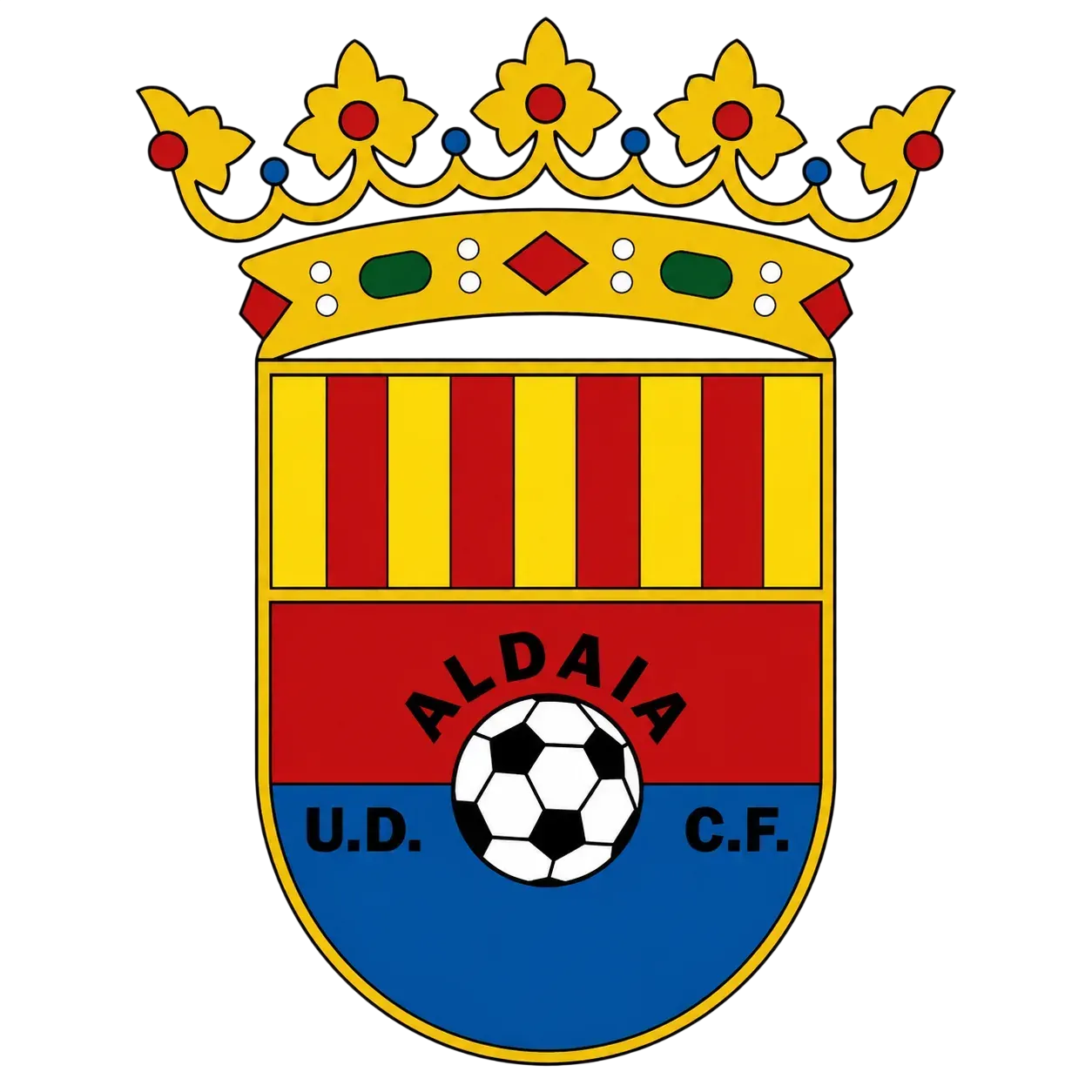 Aldaia U.D. C.F. soccer crest with a crown, red-yellow stripes, and a soccer ball on a blue shield