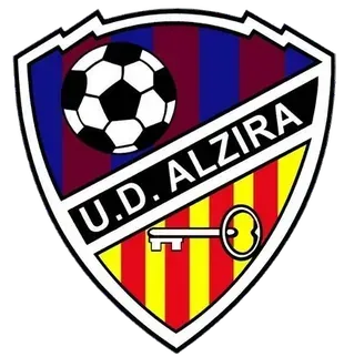U.D. Alzira soccer club crest with black, red, yellow, and white shield and key emblem