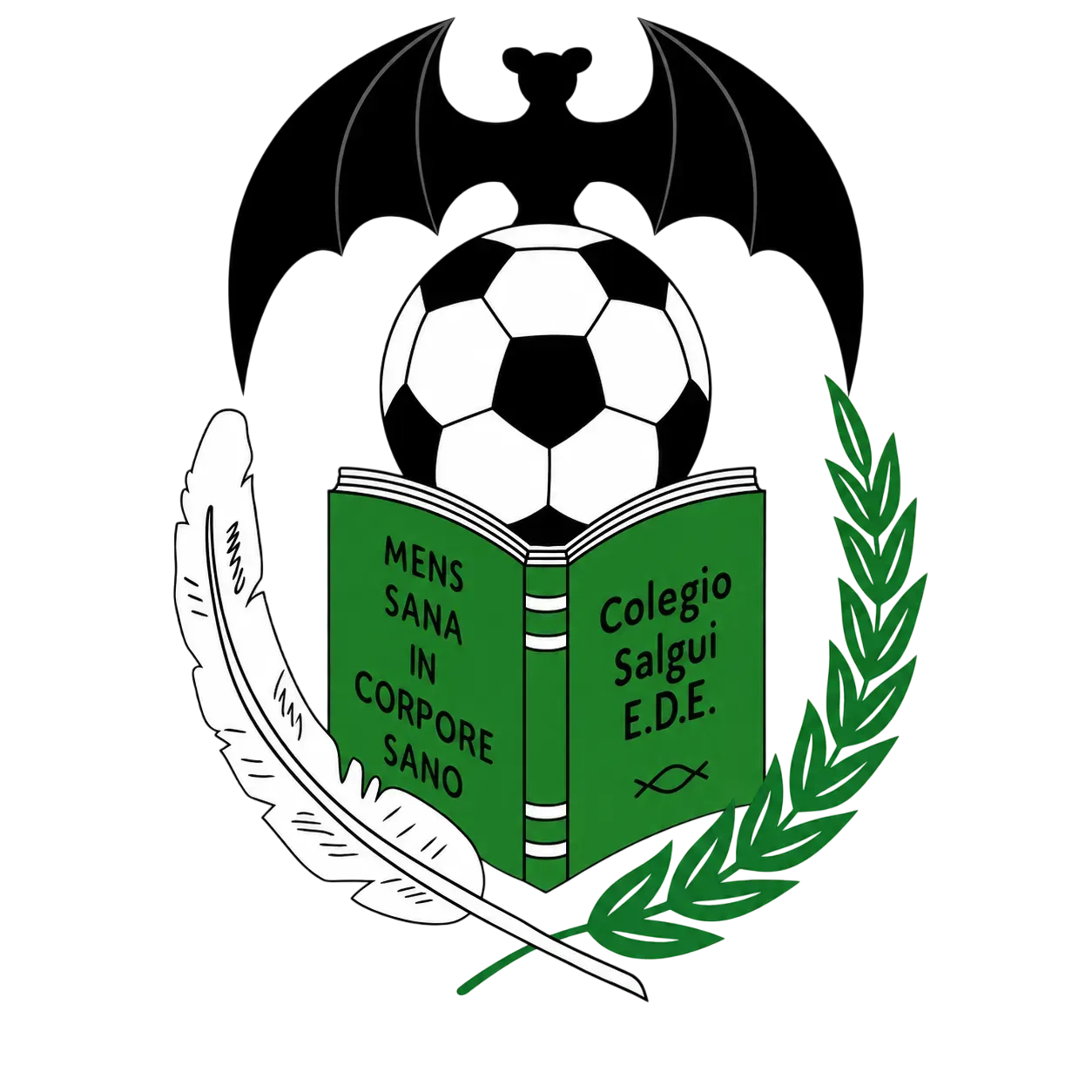 crest with black bat, soccer ball, green book, laurel branch, and feather; “Mens sana in corpore sano”