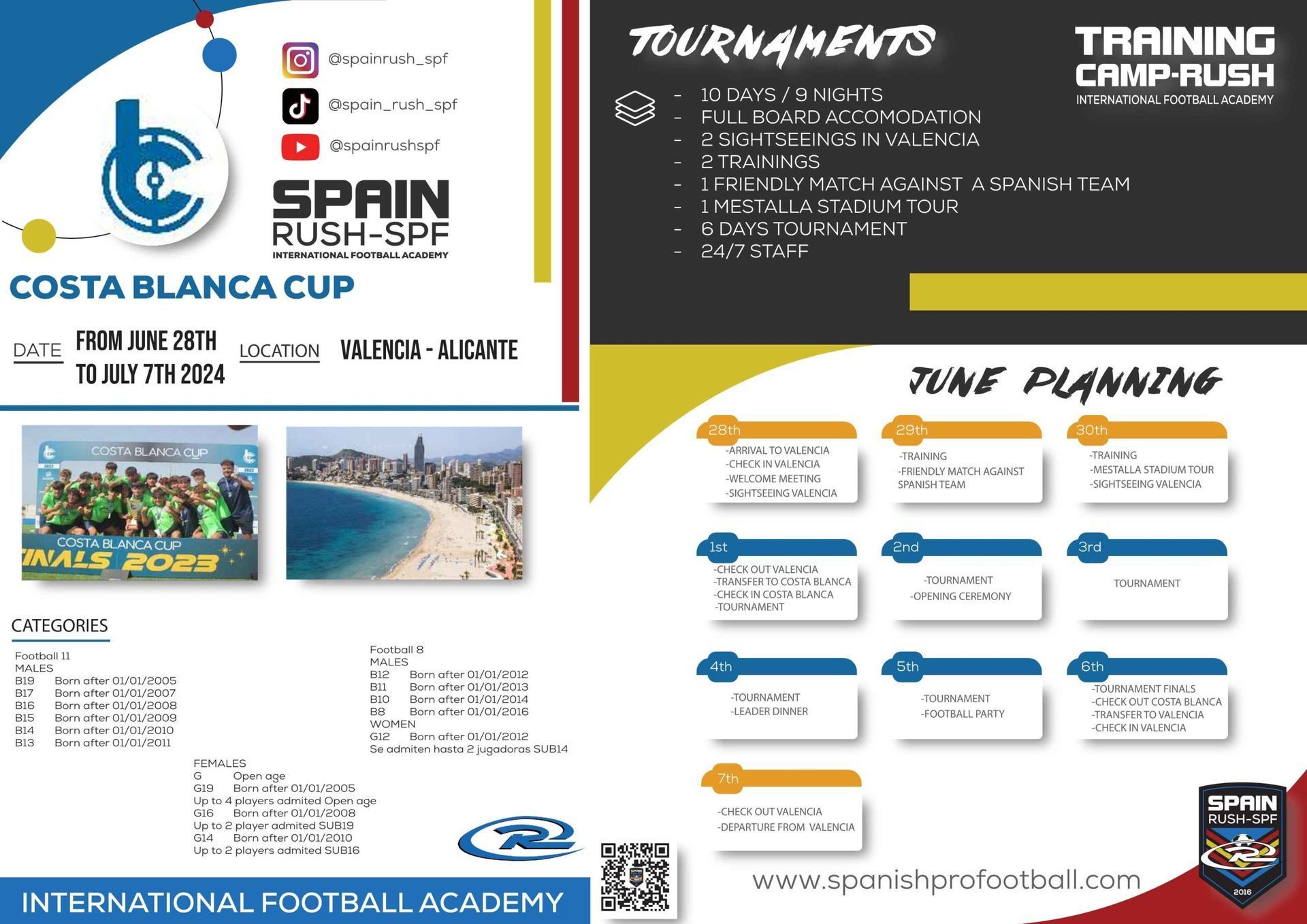 Costa Blanca Cup soccer flyer with tournament details, training camp, schedule, and beach images