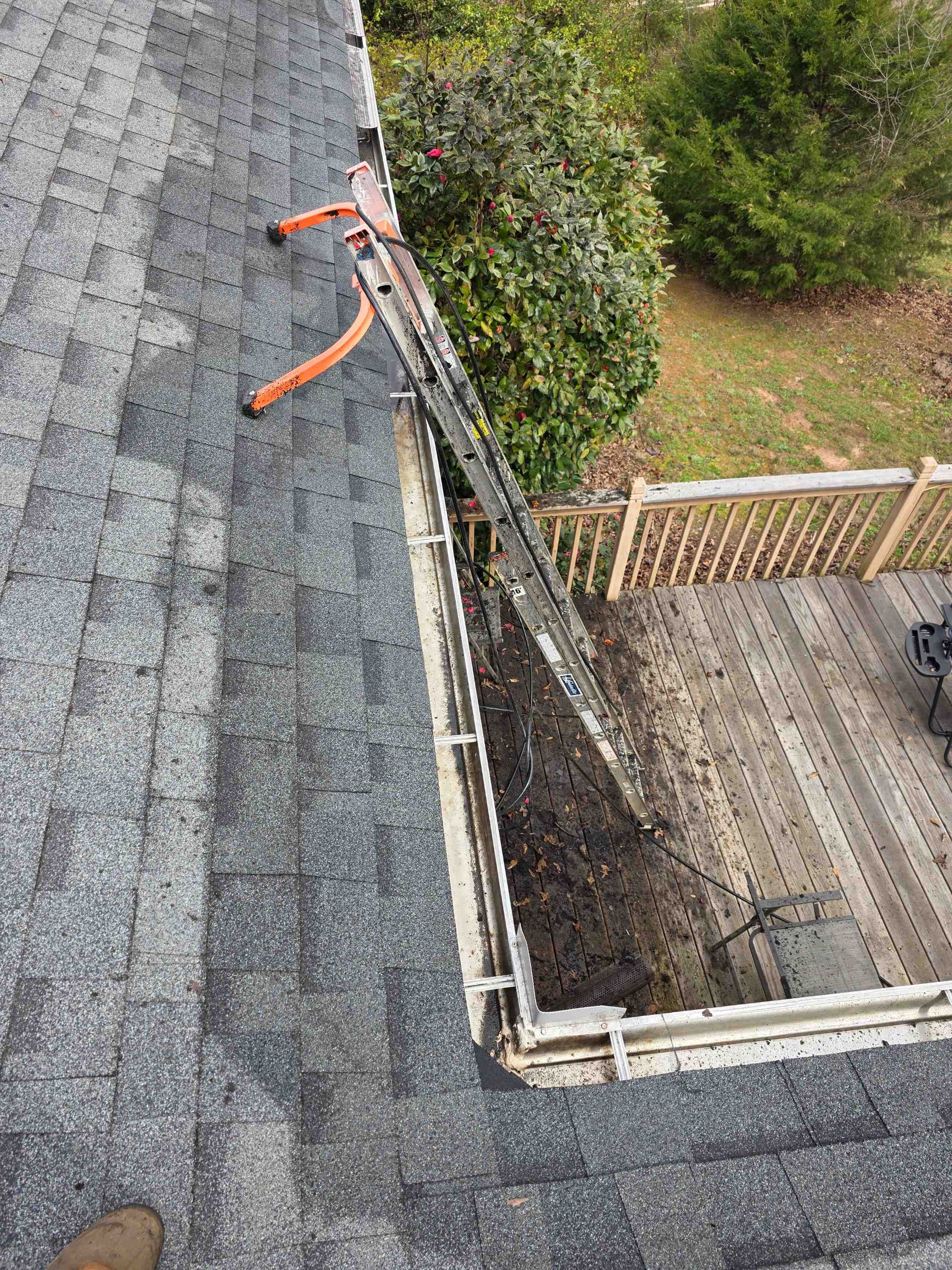 A ladder leaning against a roof edge, overlooking a deck with a gutter filled with dark debris.