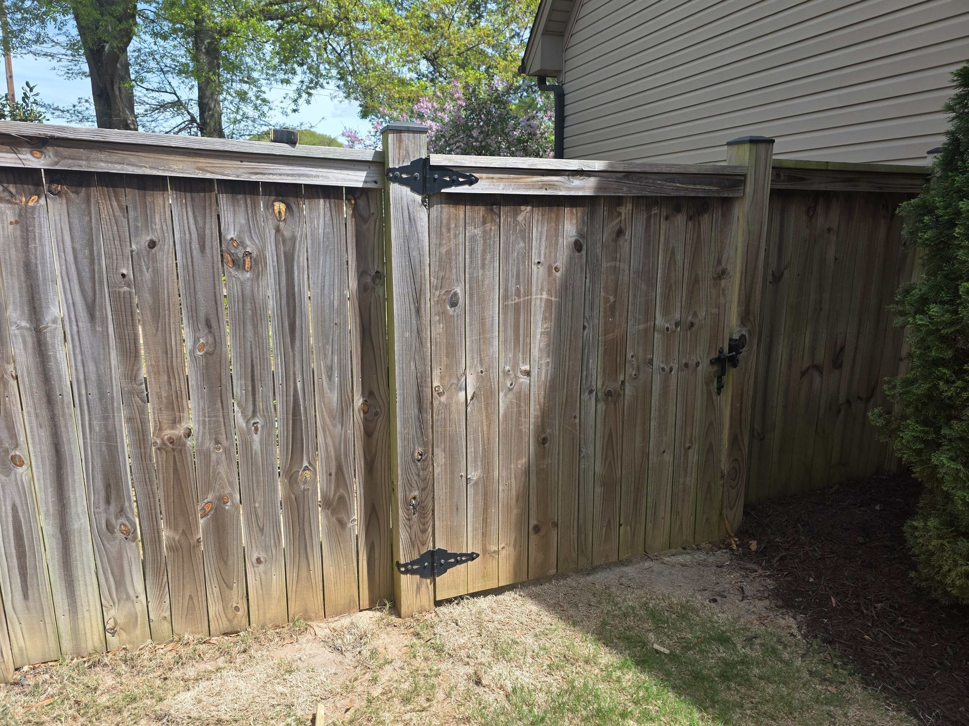Weathered wooden backyard fence with a closed gate and grassy yard beside a house