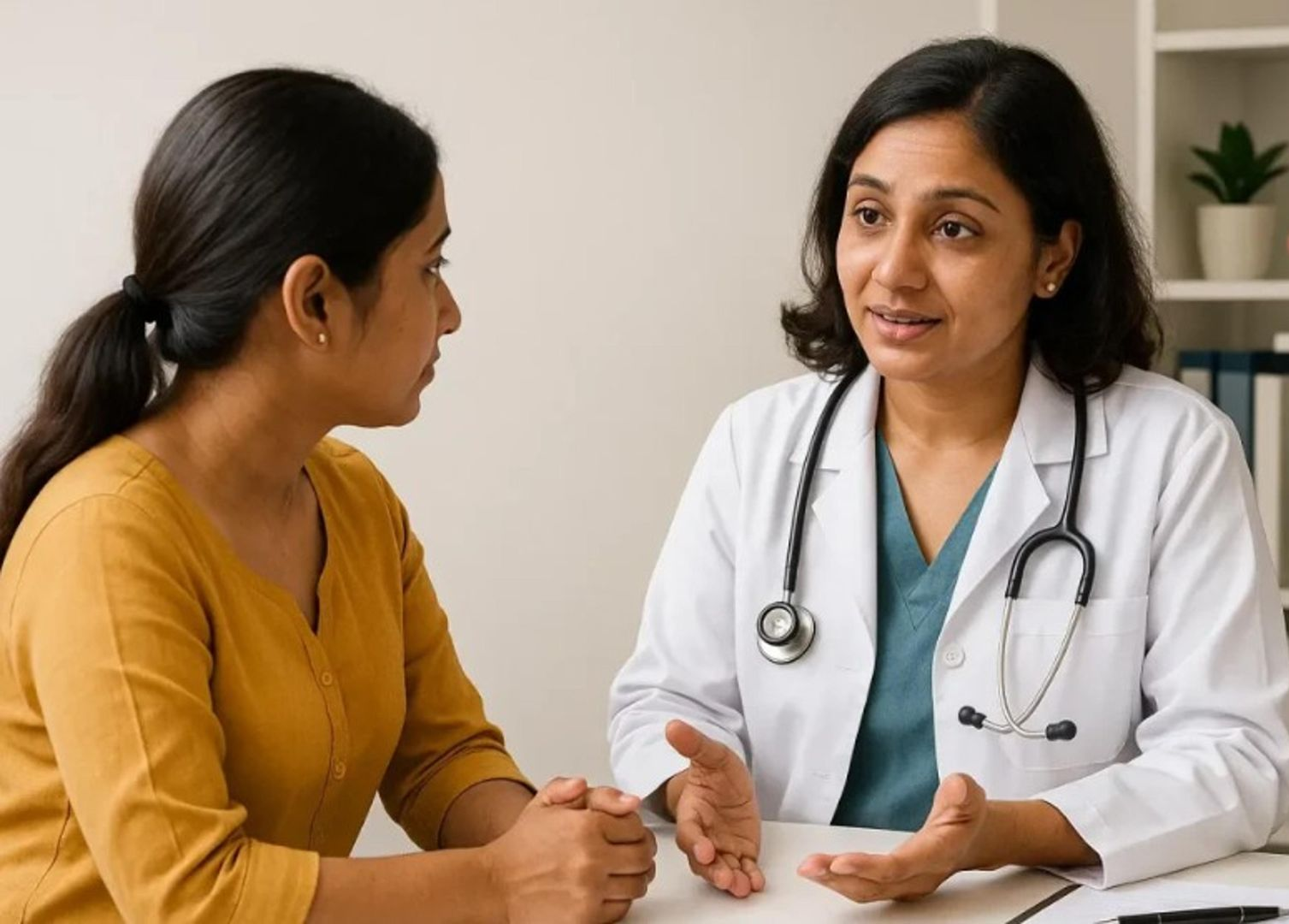 Patient speaking with a doctor in a clinic office