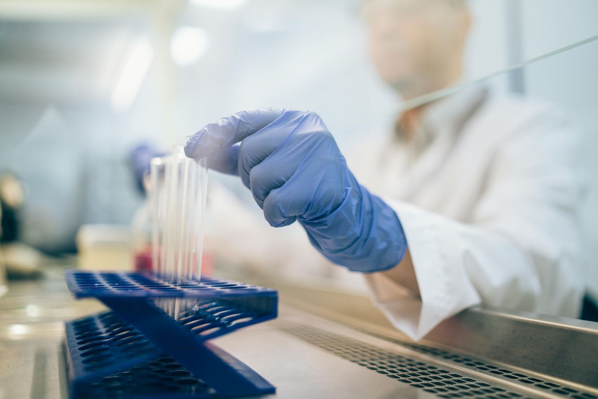 Gloved lab worker placing test tubes in a blue rack in a clinical laboratory