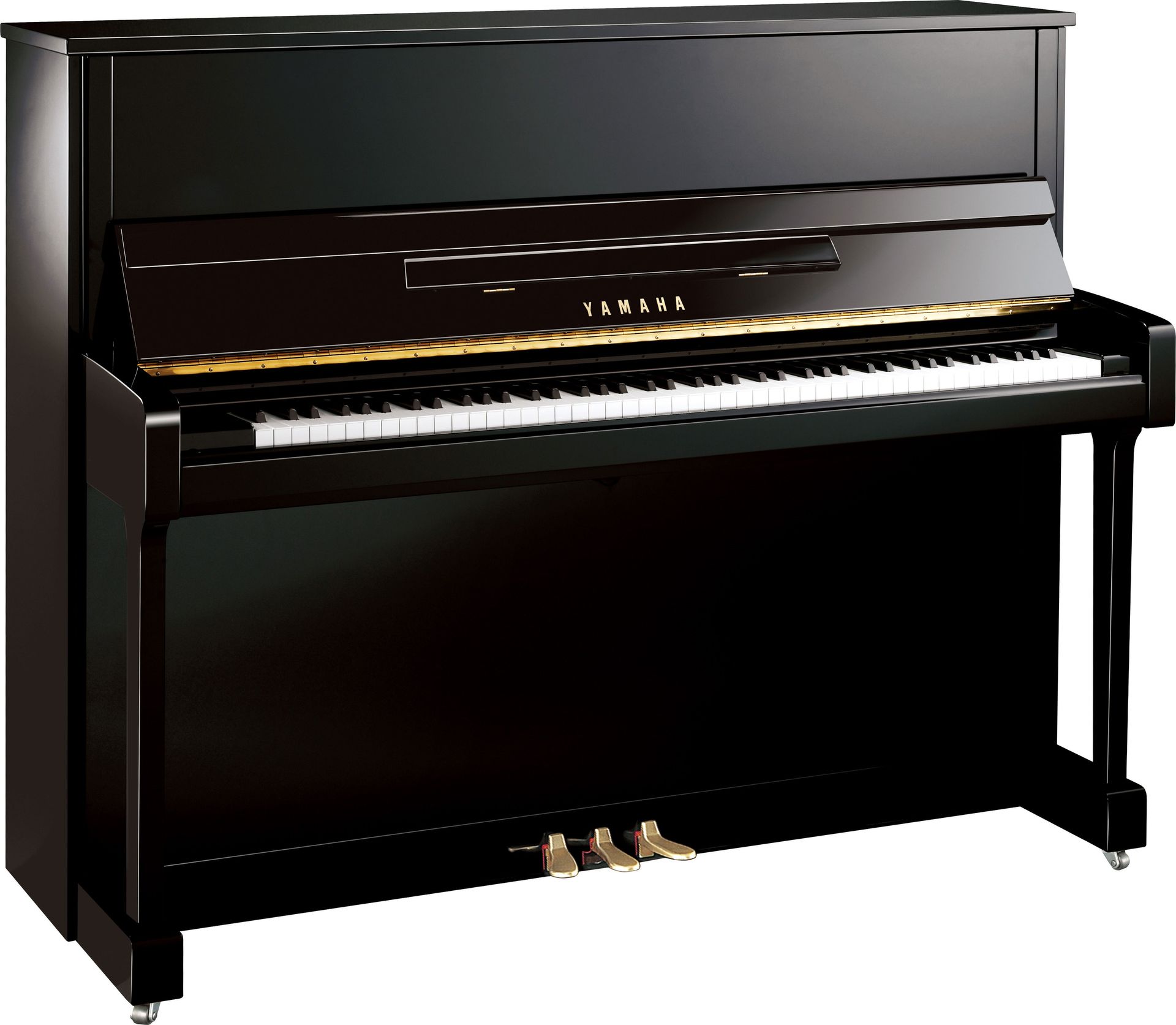 A black yamaha piano is sitting on a white background