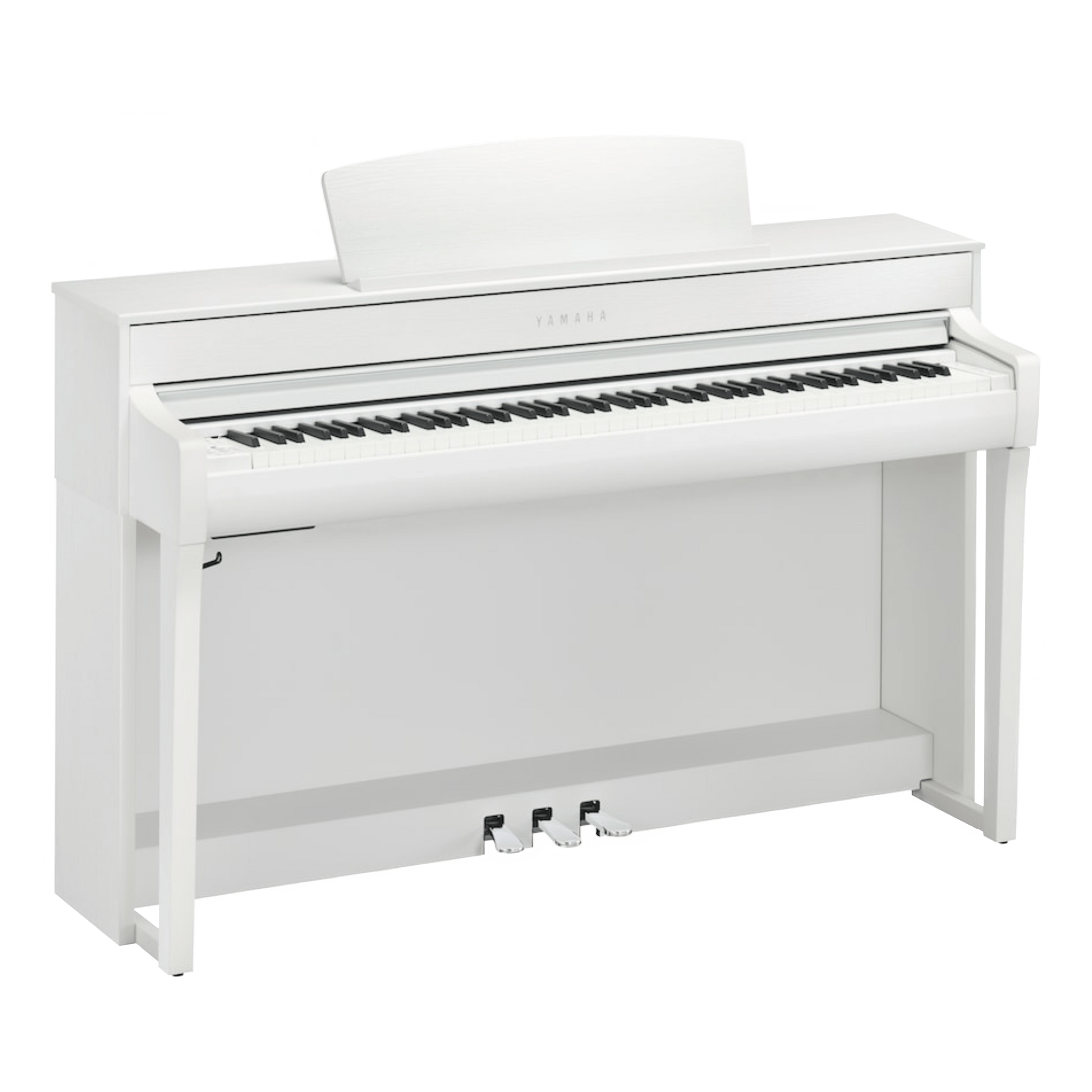 A white yamaha digital piano is sitting on top of a white table.