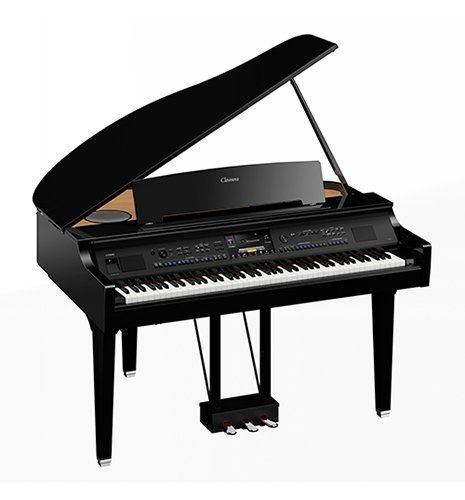 A black grand piano with the lid open on a white background.