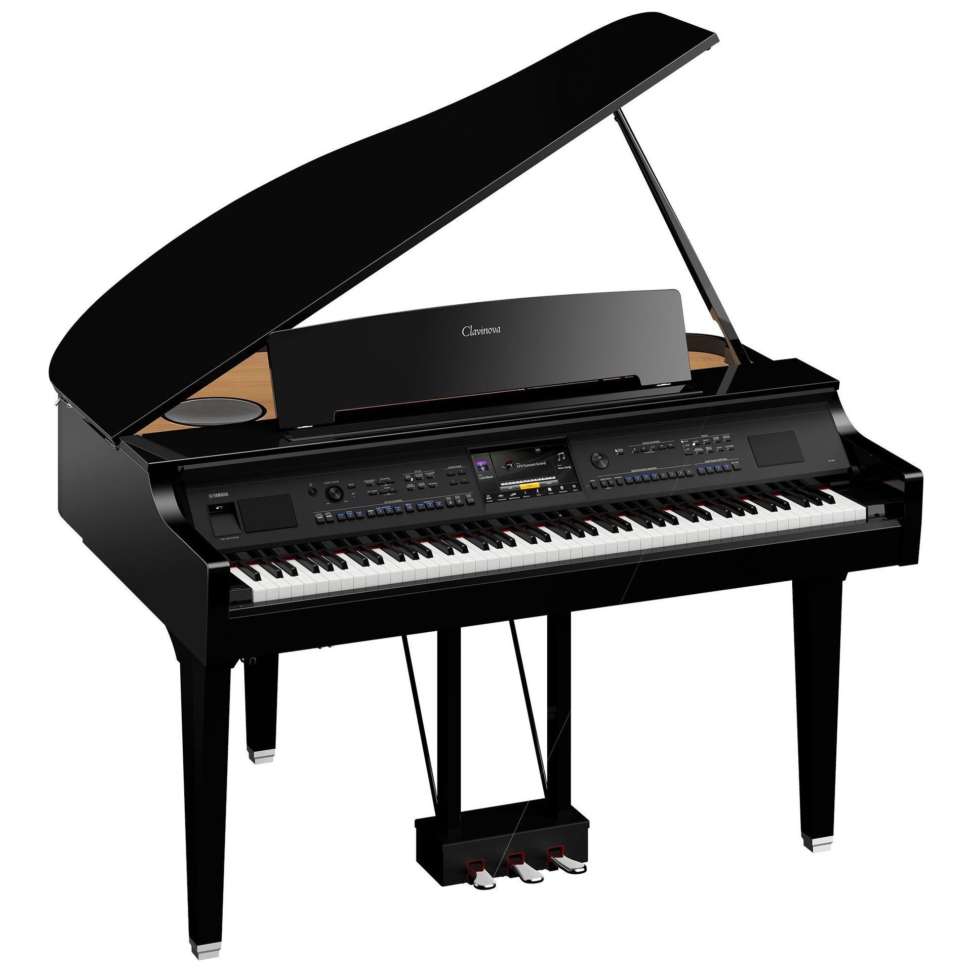 A black grand piano with the lid open on a white background.