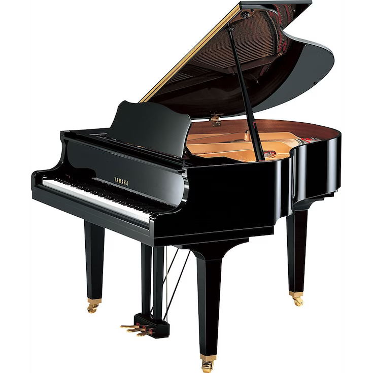 A black grand piano with the lid open on a white background.