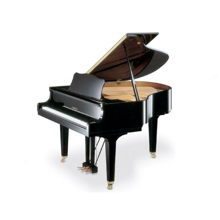 A black grand piano with the lid open on a white background