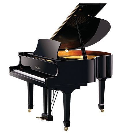 A black grand piano with the lid open on a white background.