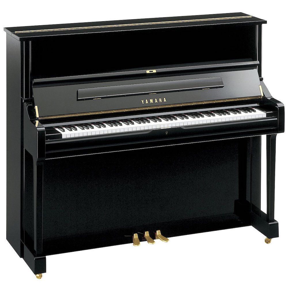 A black yamaha piano is sitting on a white background